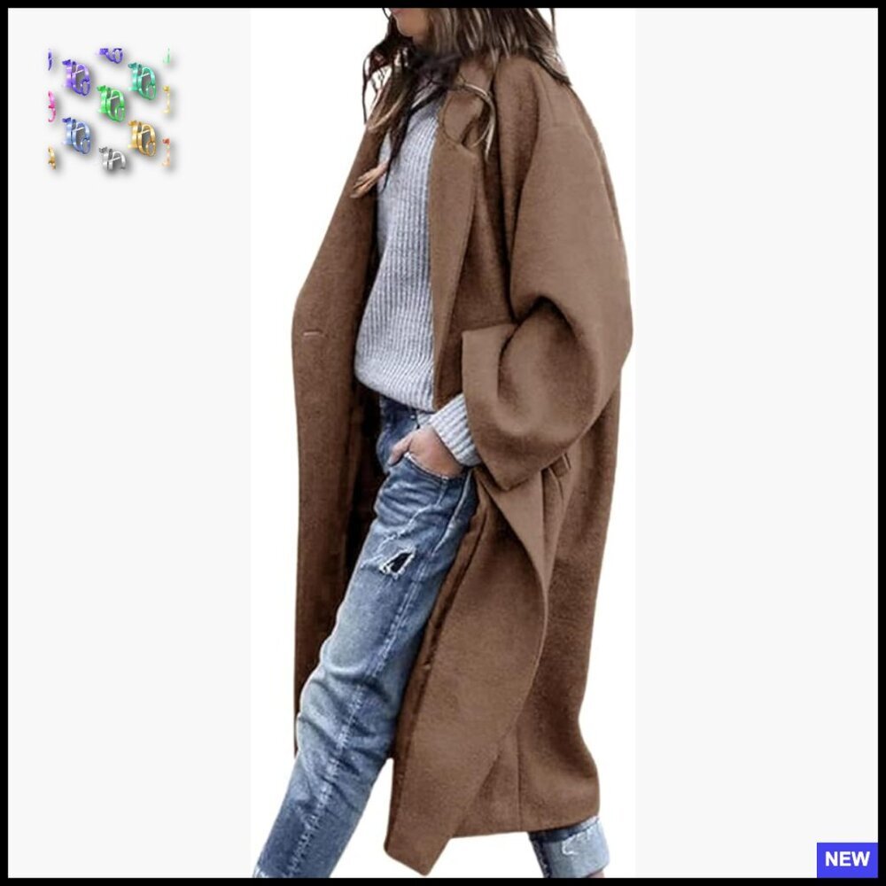 Oversized Wool Blend Pea Coat Notch Lapel Long Casual Overcoat Classic Chic